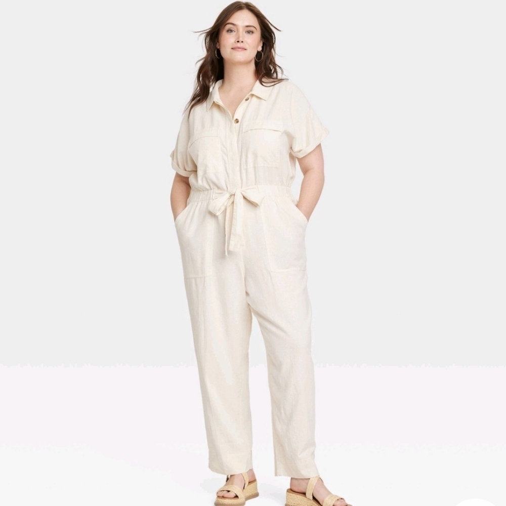 Women's Short Sleeve Linen Boilersuit - Universal Thread Cream 6